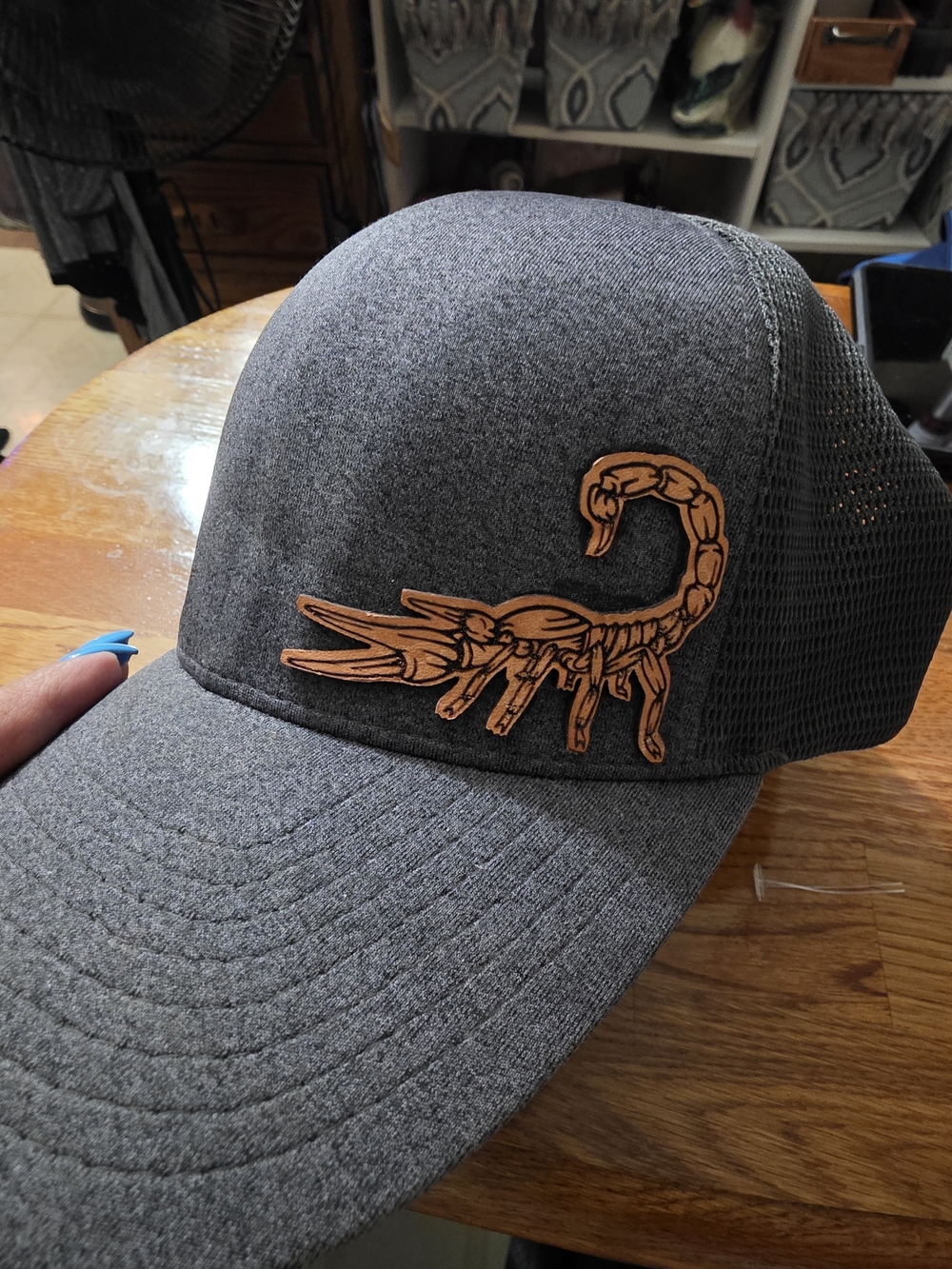 Gray Trucker Cap with Leather Scorpion Patch SCORPION ARACHNID STINGER TAIL